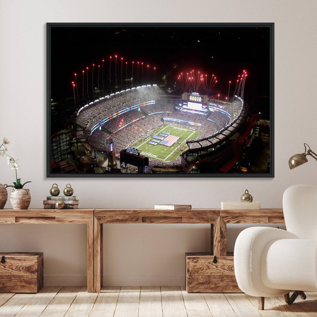 Aerial view of Gillette Stadium with fireworks and flag—ideal for a New England Patriots canvas print.