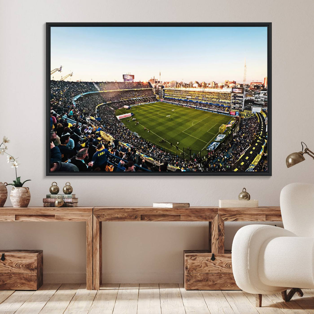 The wall art canvas print vividly captures the dynamic soccer culture at Bombonera Stadium with its vibrant depiction.