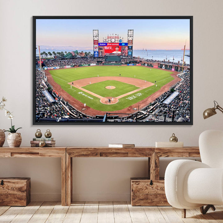 Gallery-quality canvas print of Oracle Park Stadium showcasing a waterfront view from behind home plate.