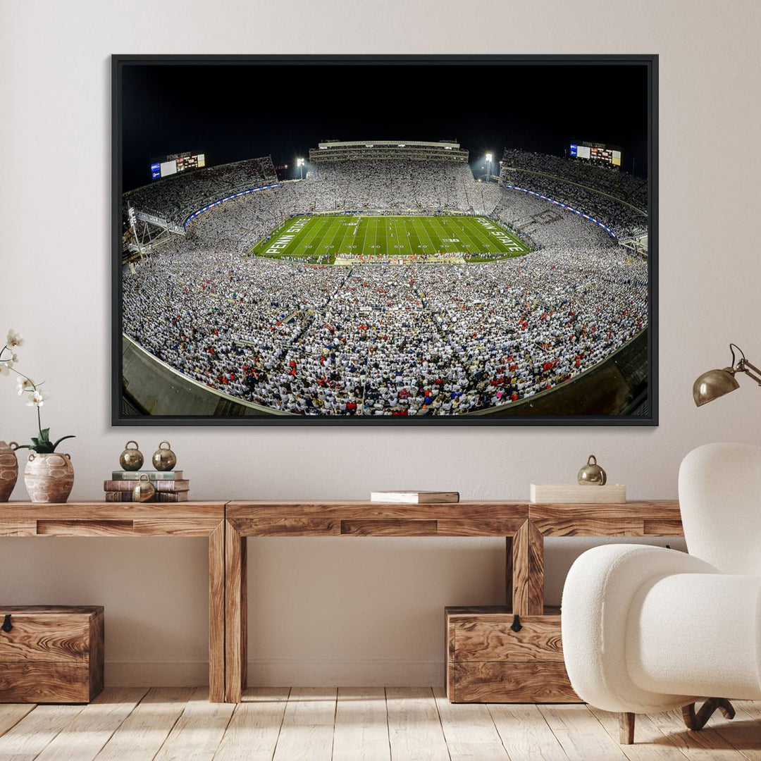 The triple canvas wall art depicts Beaver Stadiums vibrant atmosphere during a night game from the end zone.