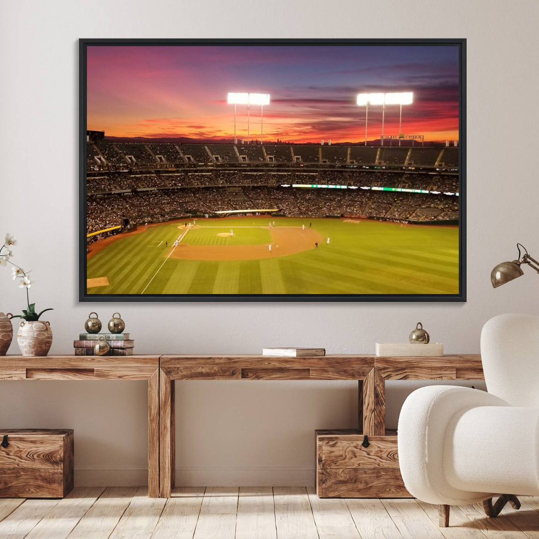 The Oakland Coliseum print is a museum-quality canvas depicting a full crowd and a sunset.