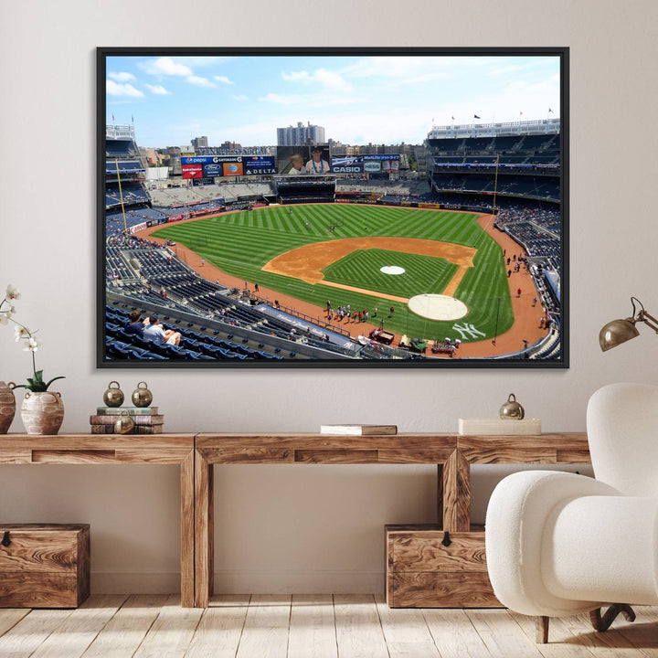 The living room features a Buffalo Bills Stadium wall art.