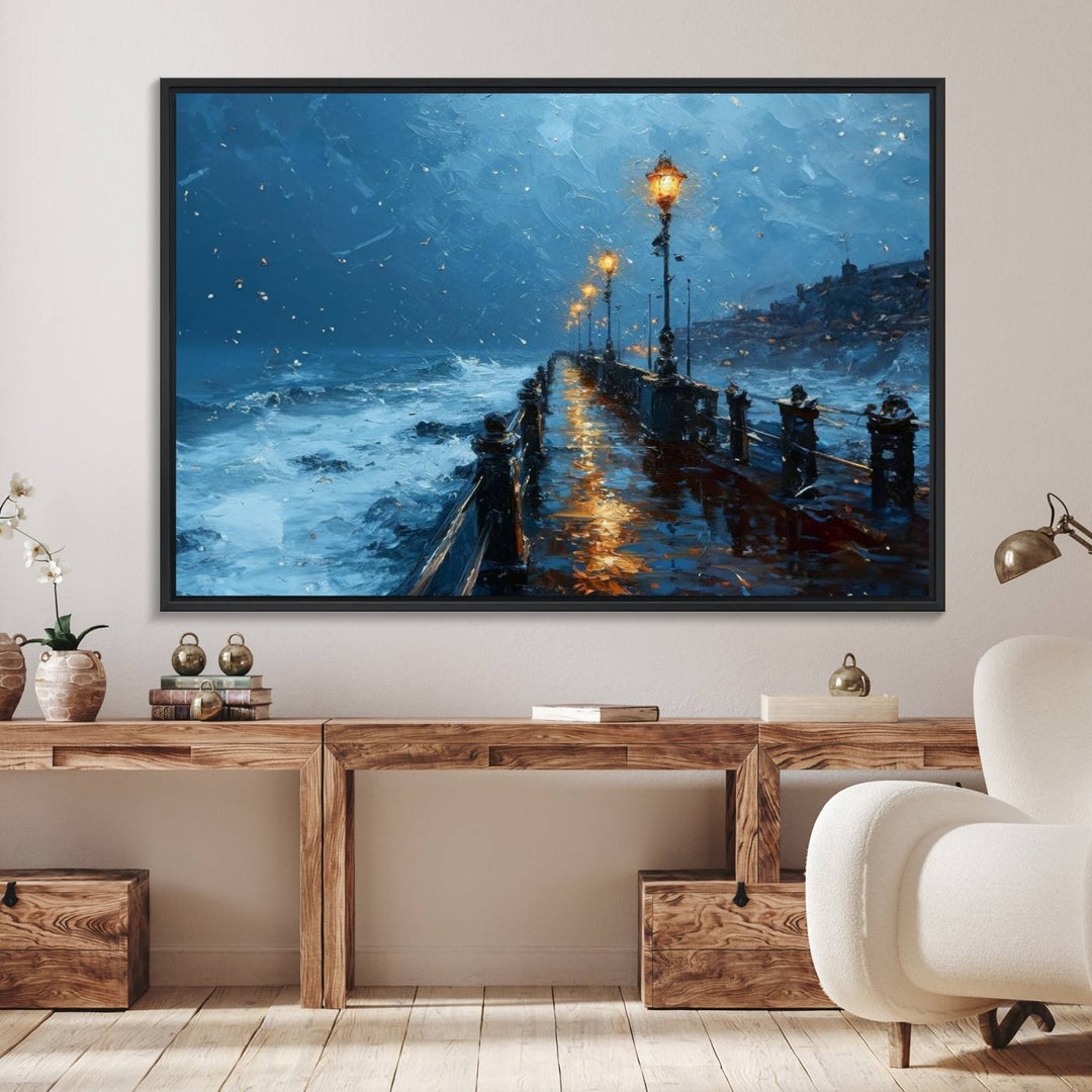 A framed oil painting depicts a stormy night at a beach pier, with glowing lamps and waves beneath a snow-filled sky.