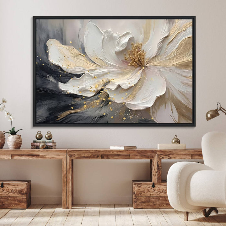 The abstract floral wall art canvas print features a large flower with gold accents.