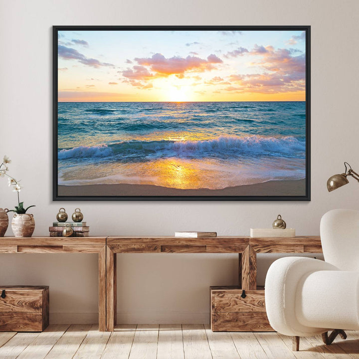 The Golden Sunset Over Ocean Waves painting depicts a vibrant sky.