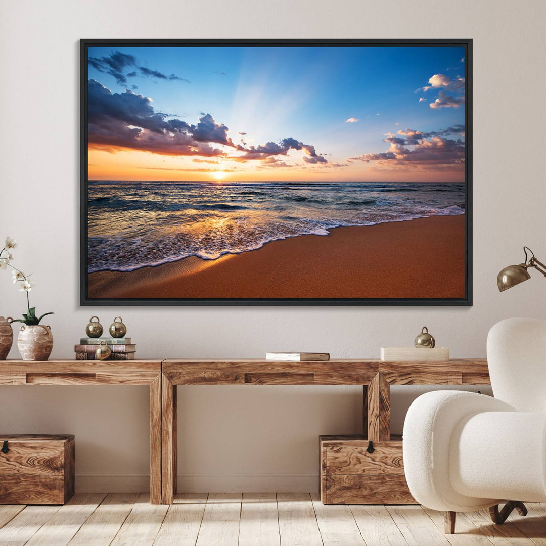 A Golden Hour Beach Sunset canvas hangs in the living room.