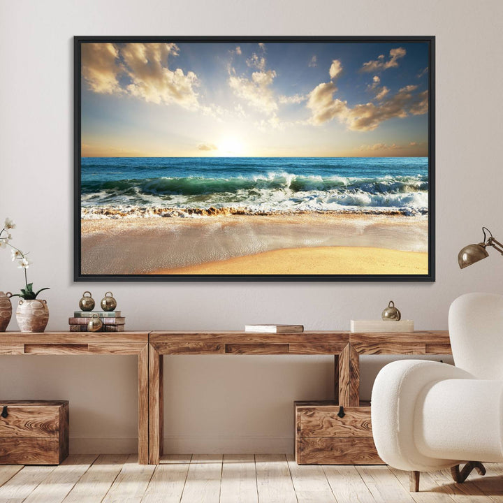 A Golden Sunset Beach triptych adorns the wall.