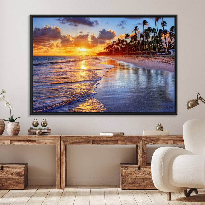 Serene Beach Sunset Wall Art Canvas featuring ocean waves hangs prominently.