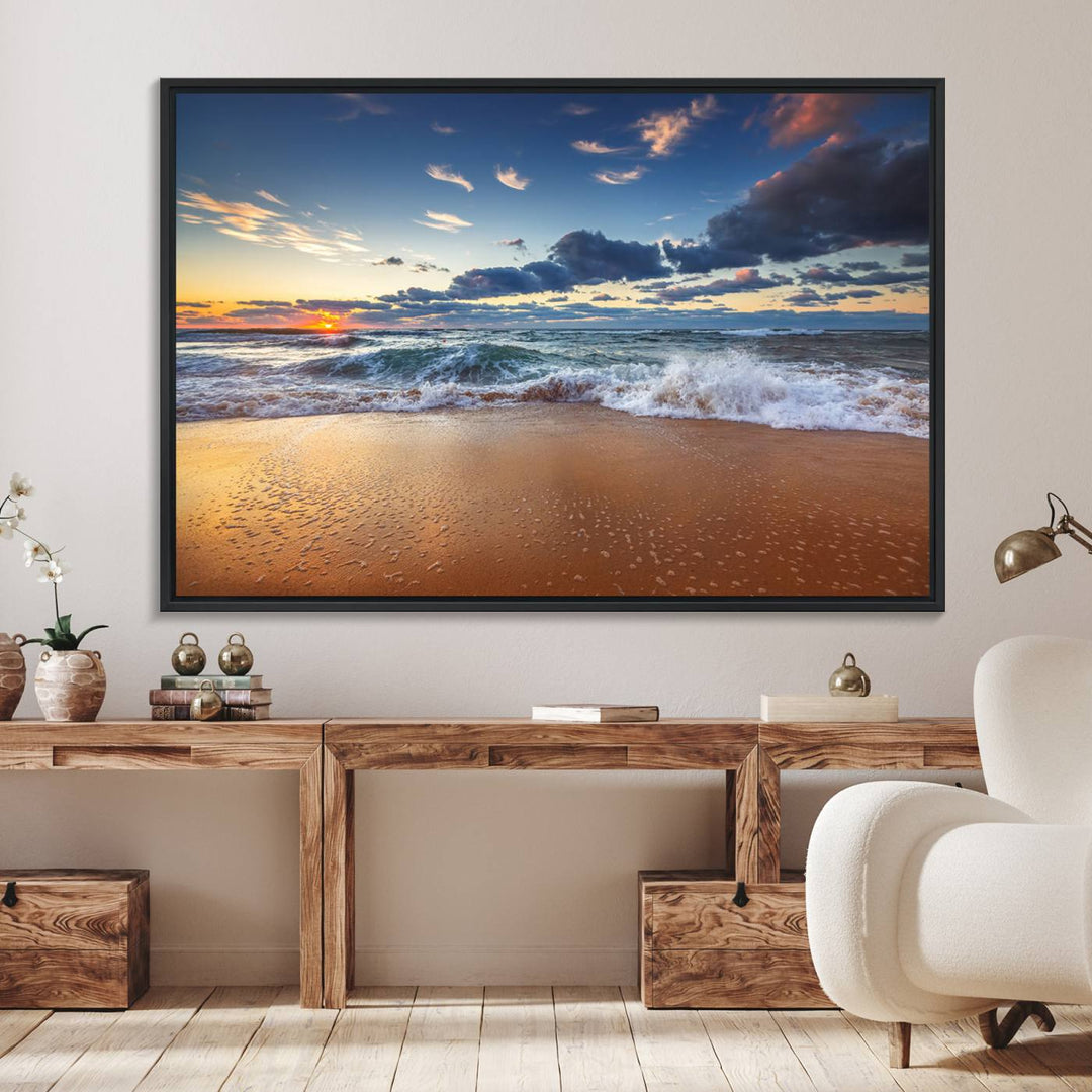 A Beach Canvas Wall Art depicting ocean waves and a tranquil sunset hangs above, capturing the serene beauty of coastal scenery.