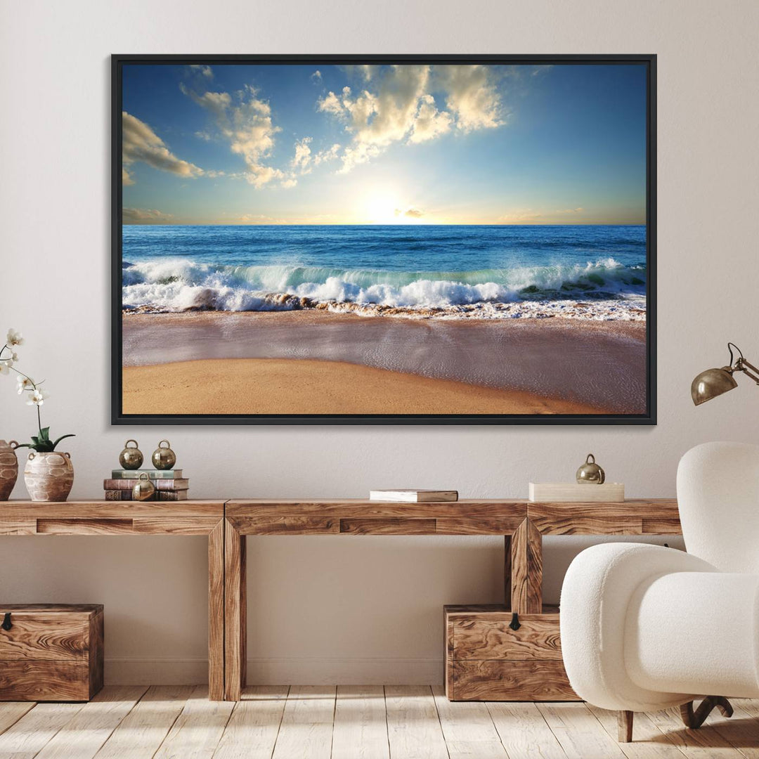 Serene Ocean Sunset Canvas Wall Art with beach waves at sunset.