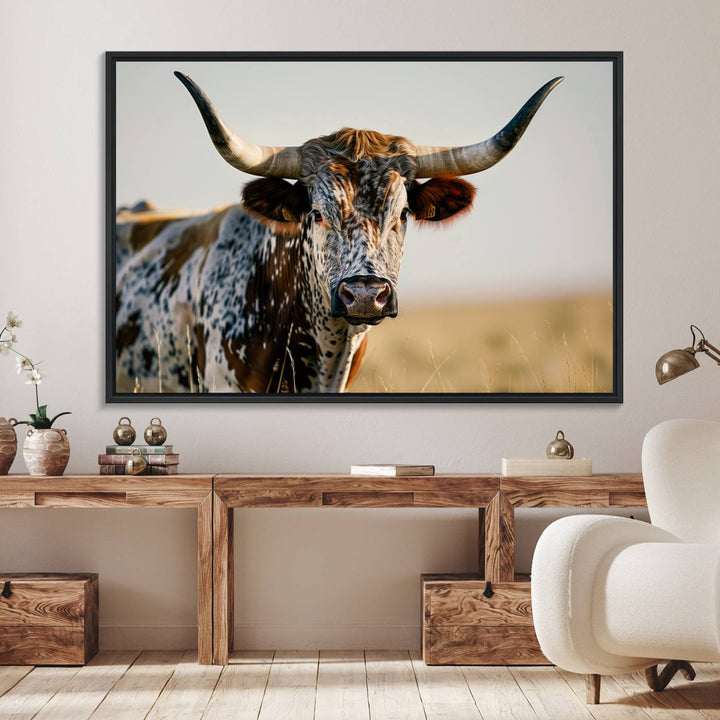 The Texas Bull Longhorn Wall Art Canvas Print is perfect for farmhouse decor.