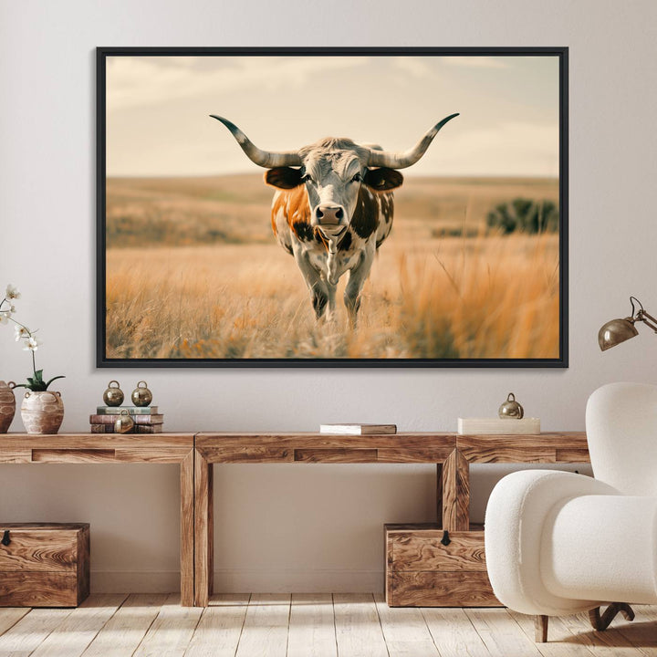 The Texas Cow Longhorn Wall Art Canvas adds rustic charm to the decor.