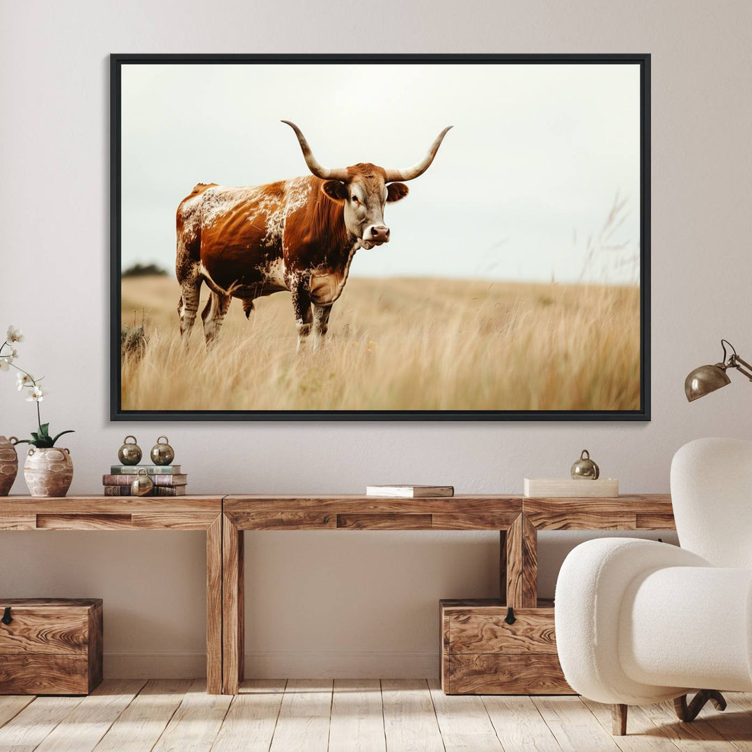 The Texas Longhorn canvas wall art print enhances a rustic farmhouse decor setting.