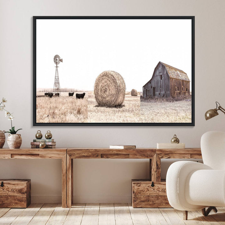 Above the couch, a Rustic Farmhouse Wall Art set depicts a barn and wheat field.