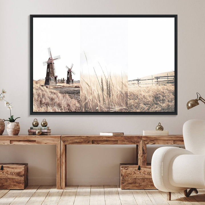 Farmhouse wall art set: 3 giclee canvas prints featuring windmills and wheat fields.