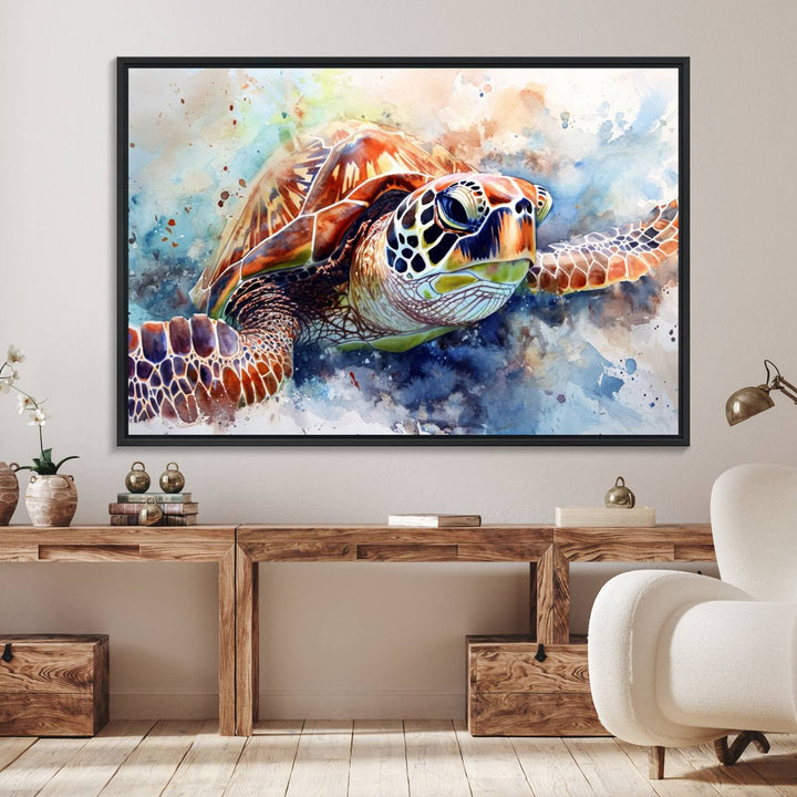 A Watercolor Sea Turtle Canvas Print with vibrant ocean colors adorns the wall.