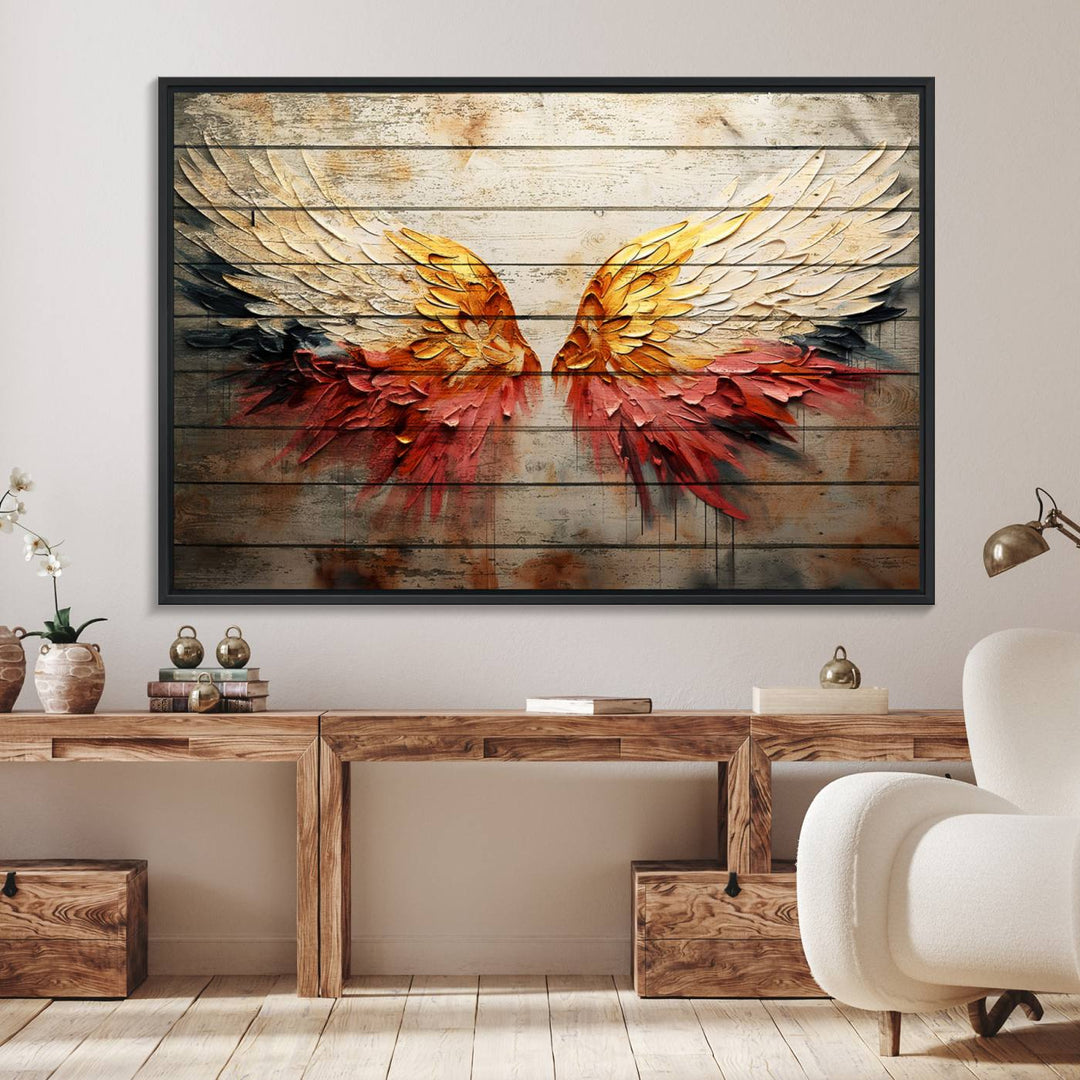 Abstract Angel Wings Canvas Art on a wooden backdrop.