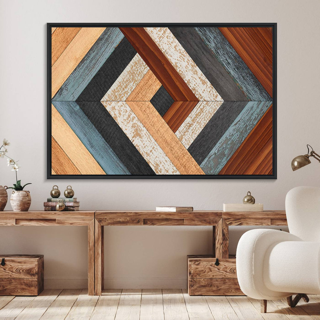 A Geometric Wood Art Wall Decor with a rustic pattern hangs prominently.