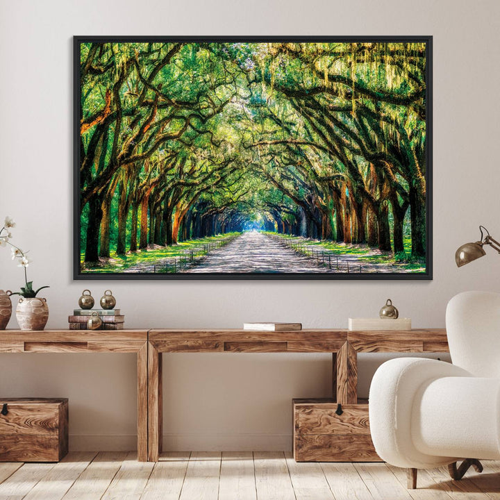 The Serene Tree Tunnel Canvas Print decorates the wall.