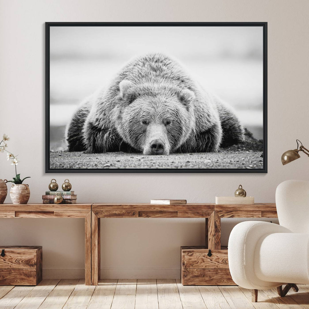 Resting Grizzly Bear wall art displayed in a modern room.