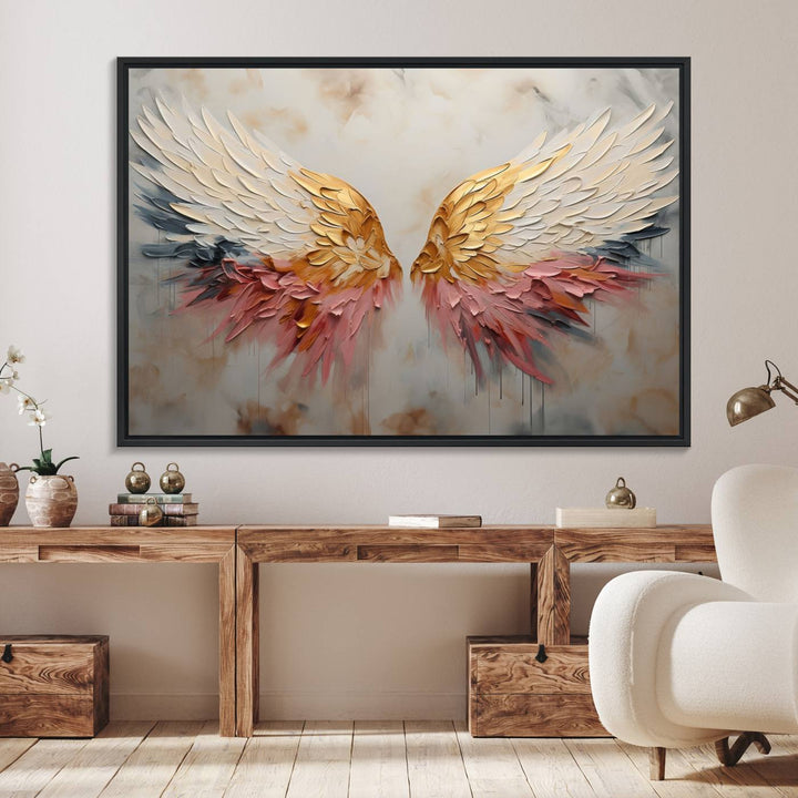 The Golden Angel Wings canvas print elegantly adorns the wall.