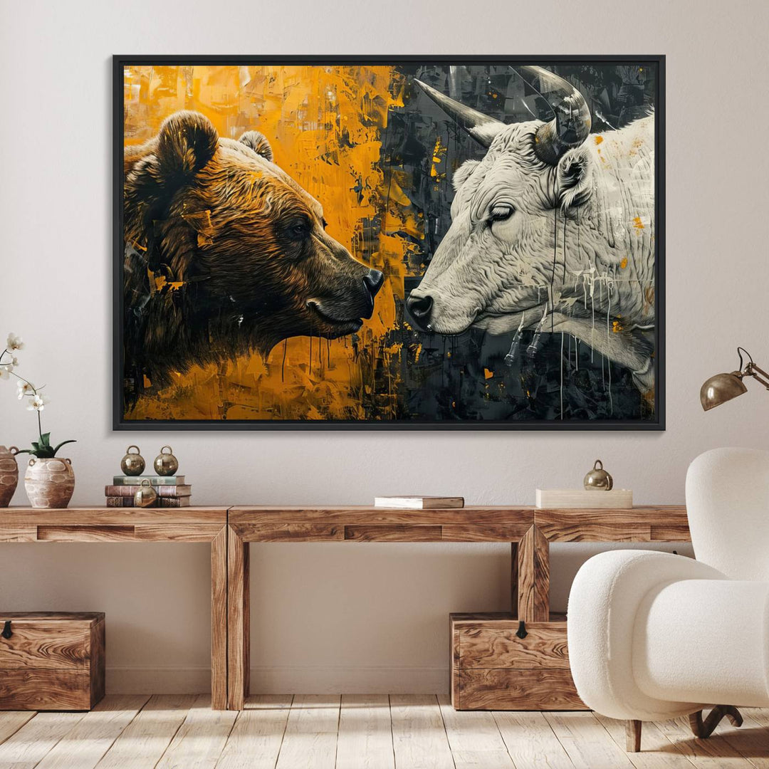 The Bear and Bull Wall Art Canvas Print adorns the wall.