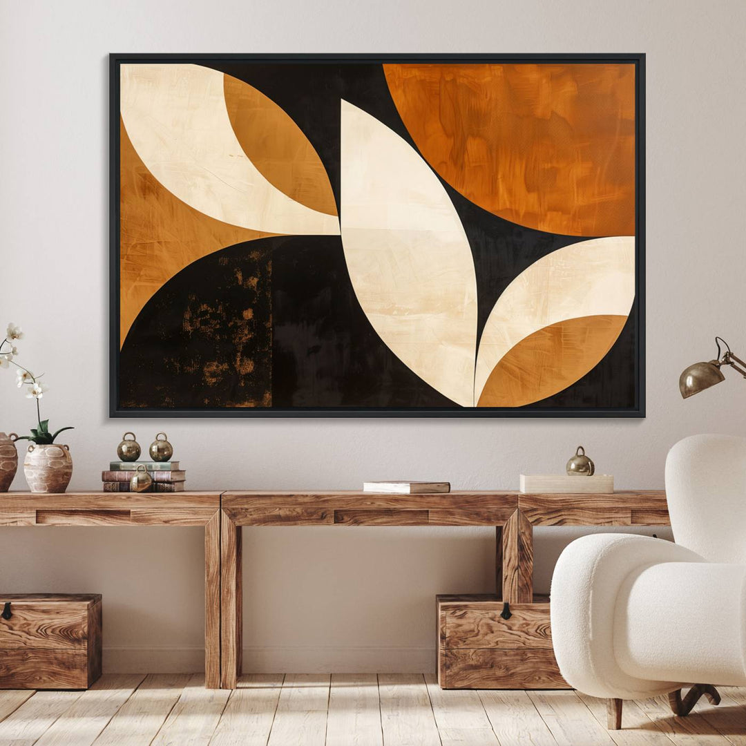 Geometric abstract wall art print featuring leaf shapes in brown, beige, and black.