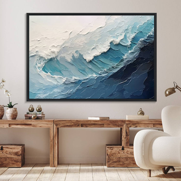 A Blue Abstract Wave Ocean Wall Art Canvas Print adorns the wall.