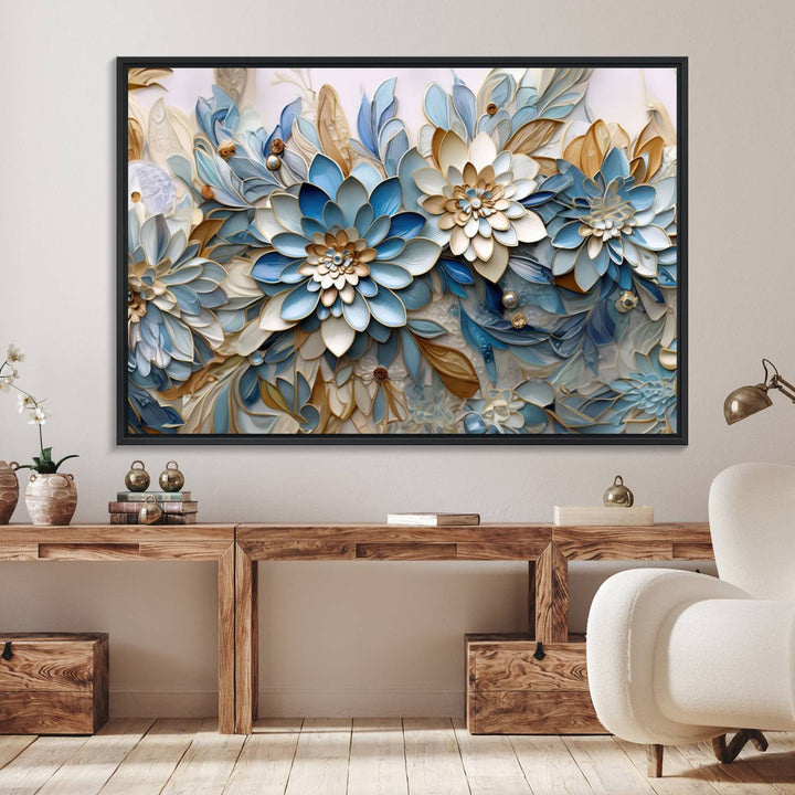 Blu Abstract Flower Canvas with blue, white, and gold petals—perfect home decor.