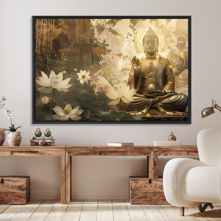 The living room features the Zen Buddha Wall Art Canvas Print with lotus flowers.