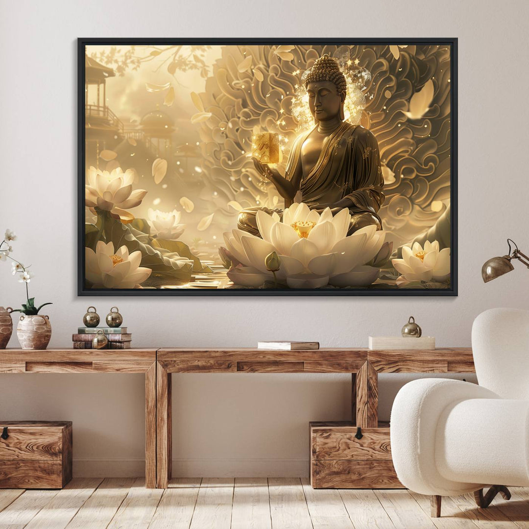 A framed Golden Buddha Wall Art with lotus flowers, ideal for meditation rooms, is beautifully displayed.