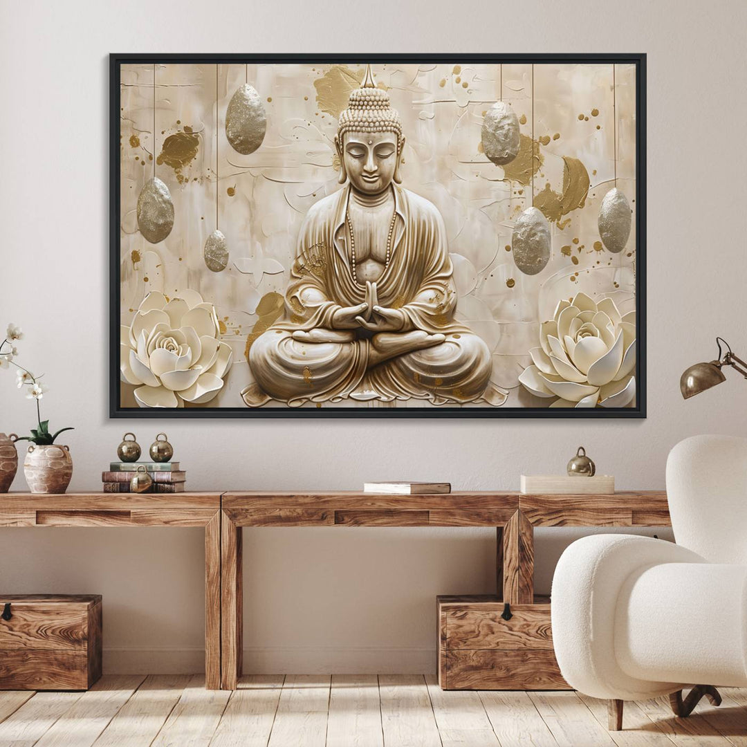 A modern Serene Buddha Wall Art, enhanced by lotus flowers, creates a tranquil atmosphere.