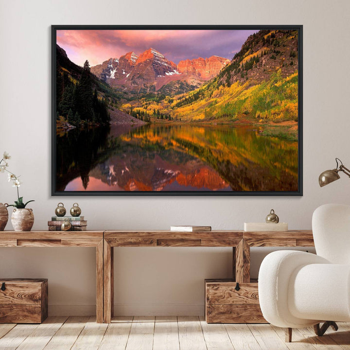 The Colorado Rockies Mountain Sunset Wall Art is a scenic nature canvas, ready to hang.