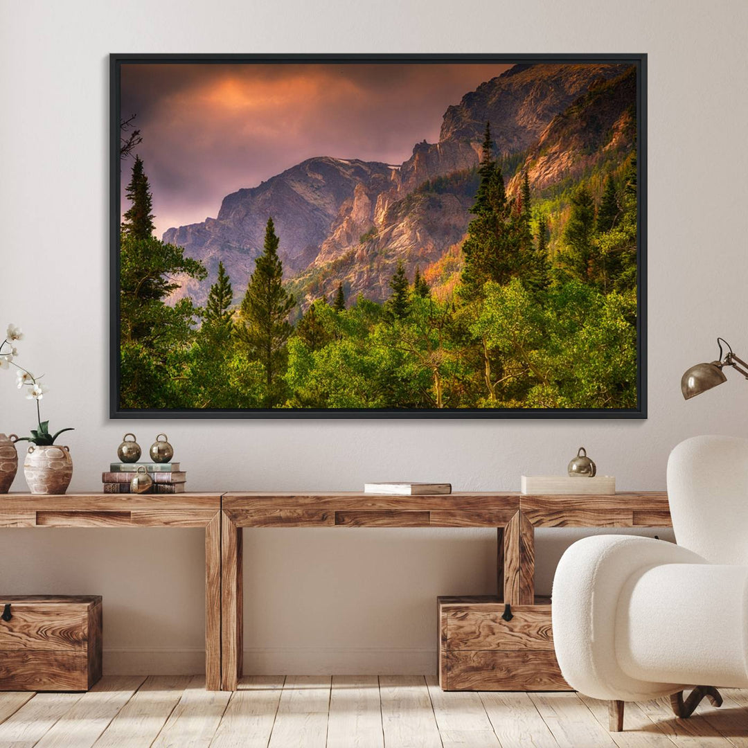 The Colorado Rockies Mountains wall art canvas print at sunset is displayed prominently.