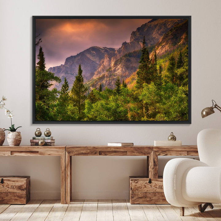 The Colorado Rockies Mountains wall art canvas print at sunset is displayed prominently.