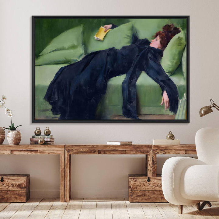 A modern kitchen features a Decadent Girl by Ramon Casas canvas print on the wall.