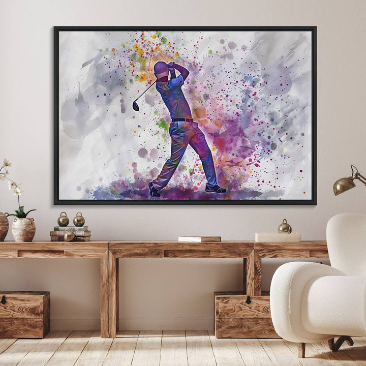 Vibrant abstract silhouette of a golf swing on white with multicolored splatters. Perfect for enthusiasts!.