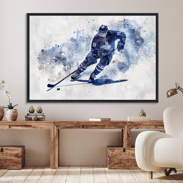Vibrant Hockey Player Wall Art Display: Blue watercolor print.