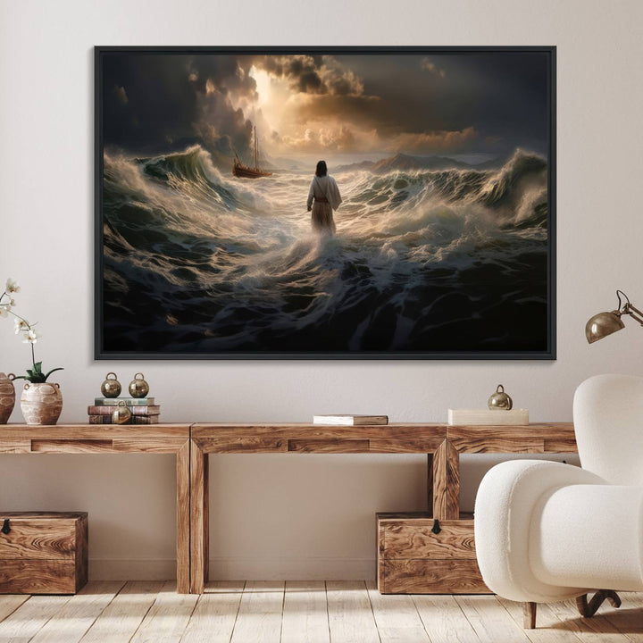 The wall art canvas print depicts a person in white striding on stormy ocean waves towards a sailboat under dramatic skies.