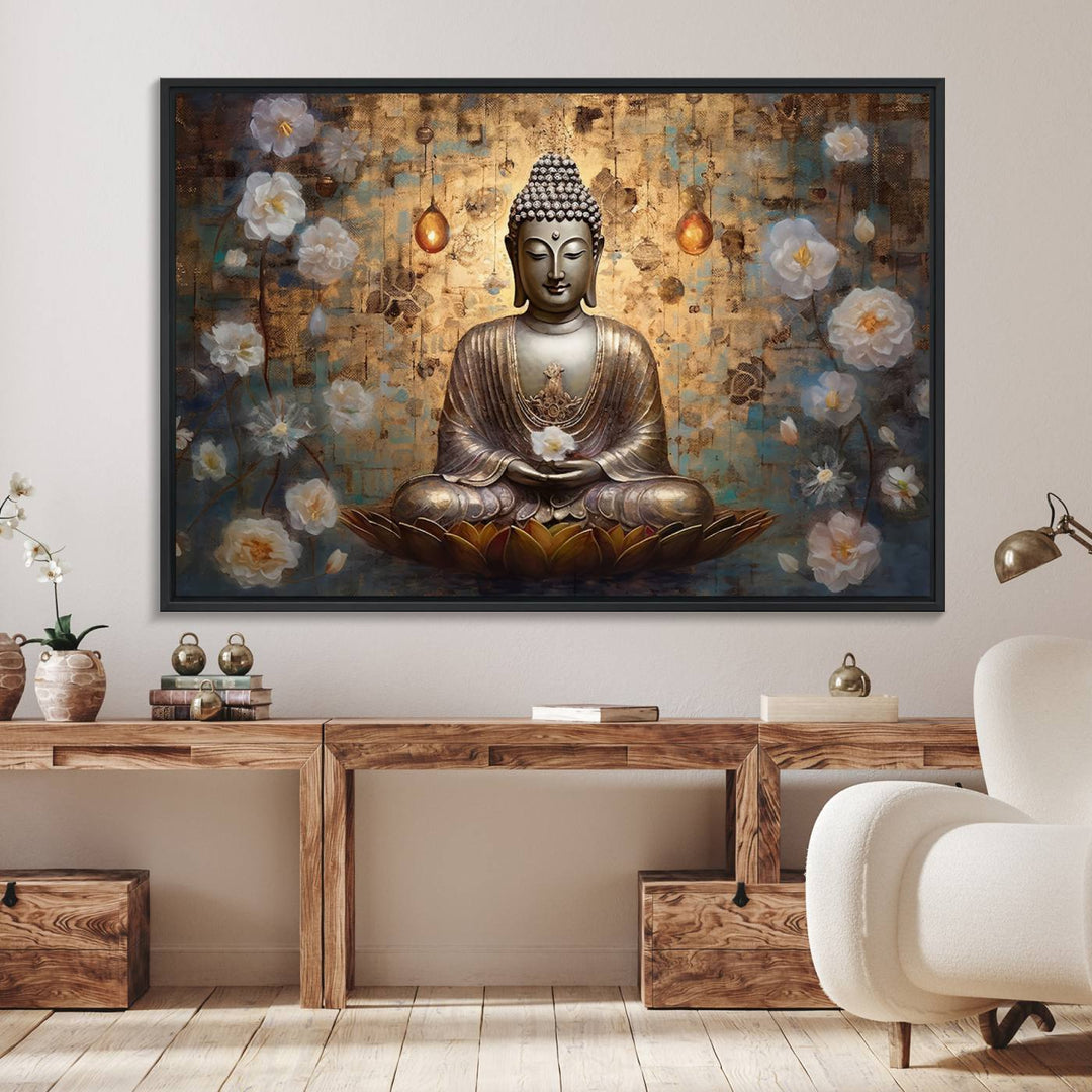 Golden Buddha wall art canvas print on a warm backdrop.