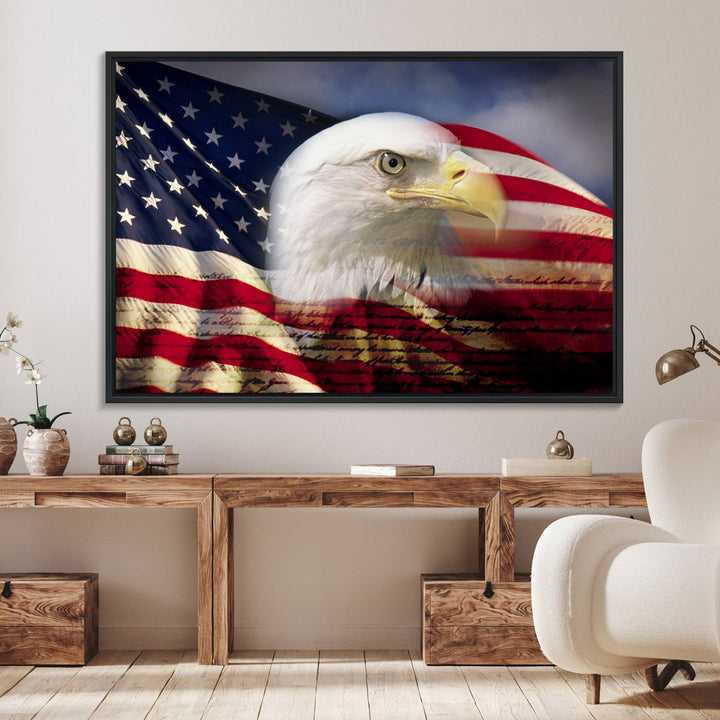 On the wall is an American Flag Eagle Symbol Wall Art Canvas Print.