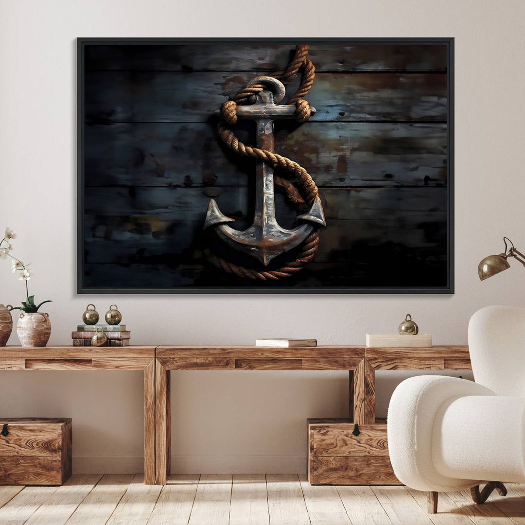 The wooden wall displays a 3 Panel Grunge Abstract Anchor Wall Art Canvas Print Set.