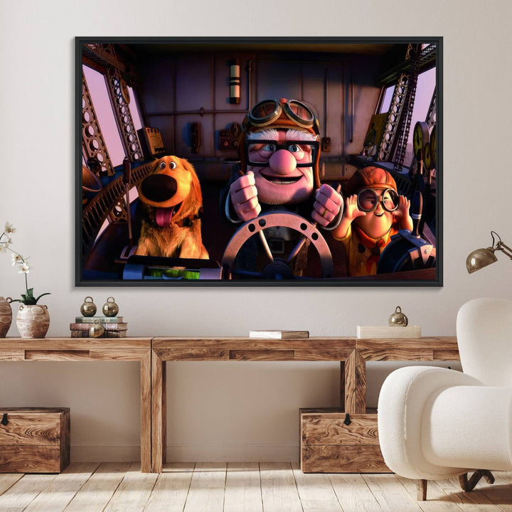 A man, boy, and dog flying a plane are depicted in the Carl Russel & Dog Movie Up wall art.