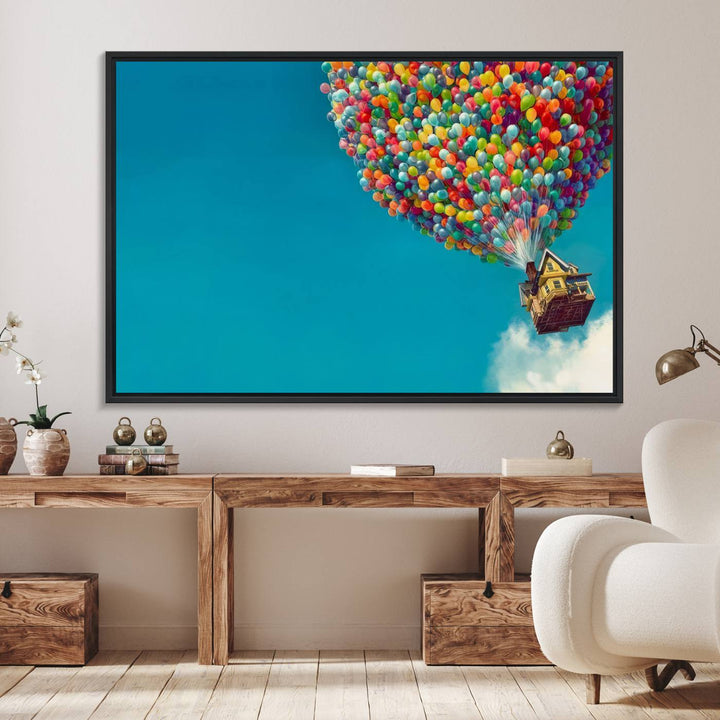 The Carl Fredricksen Up Movie Wall Art, featuring a colorful balloon house, adds vibrant decor to the space.