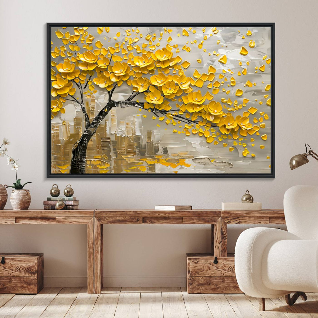 The living room showcases a Yellow Blossom Tree Canvas Wall Art, modern and floral.