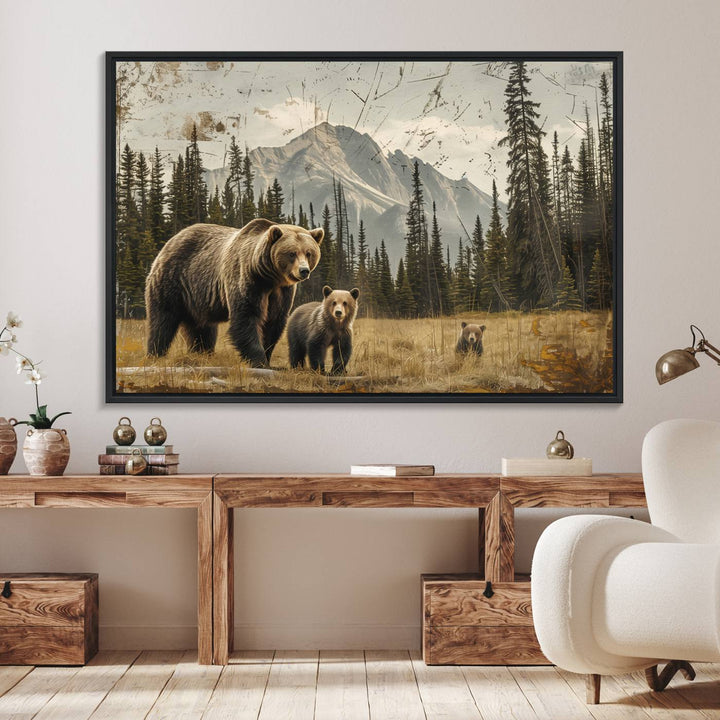 Rustic Grizzly 399: Bear Family Wall Art Canvas Print.