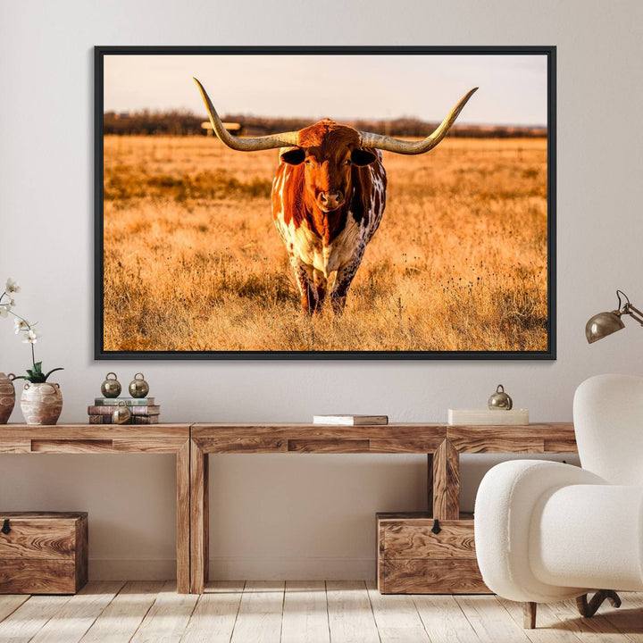 The Longhorn Cow Wall Art framed canvas brings rustic charm and farmhouse decor with its warm field scene.