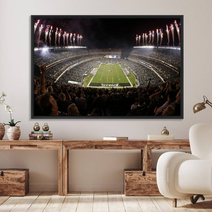 The wall art of Eagles Field Stadium showcases nighttime fireworks over a full stadium.