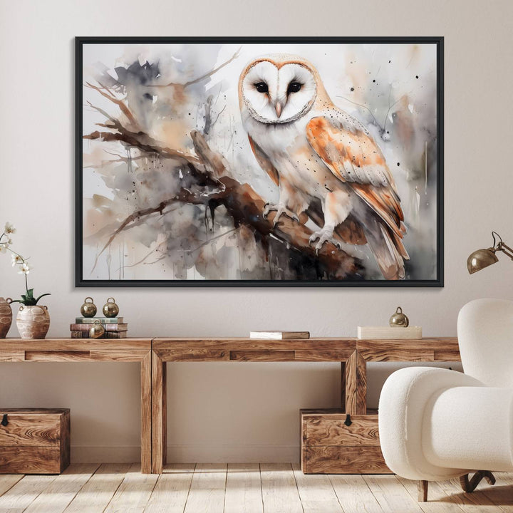 The Barn Owl Wall Art watercolor canvas adds a rustic twist to farmhouse decor.