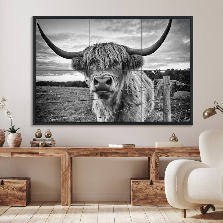 The Scottish Highland Cow Wall Art Canvas Print is ready to hang and framed, adding rustic farmhouse decor to your wall.